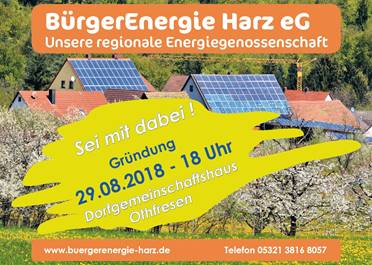 Einladung zur Gründungsversammlung der BürgerEnergie Harz eG am 29. August 2018
