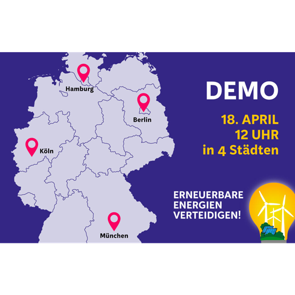 Großdemos Erneuerbare Energien verteidigen am 18.04.2026 in Berlin, Köln, Hamburg, München