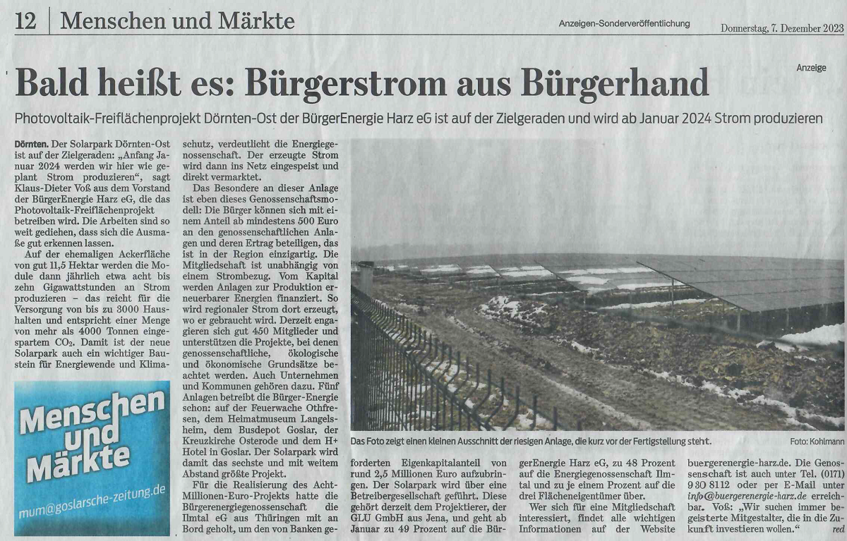 Goslarsche Zeitung; Bald heißt es: Bürgerstrom aus Bürgerhand