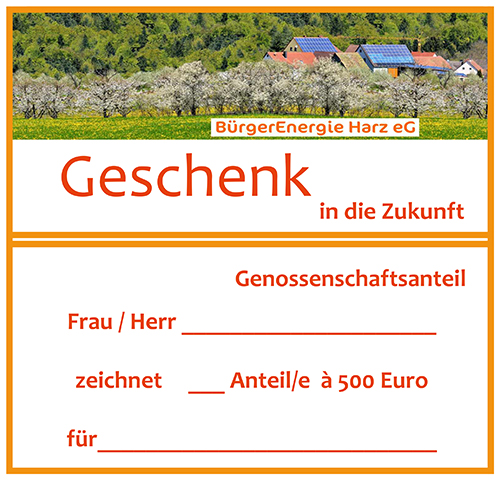 Geschenk-Anteil der BürgerEnergie Harz eG