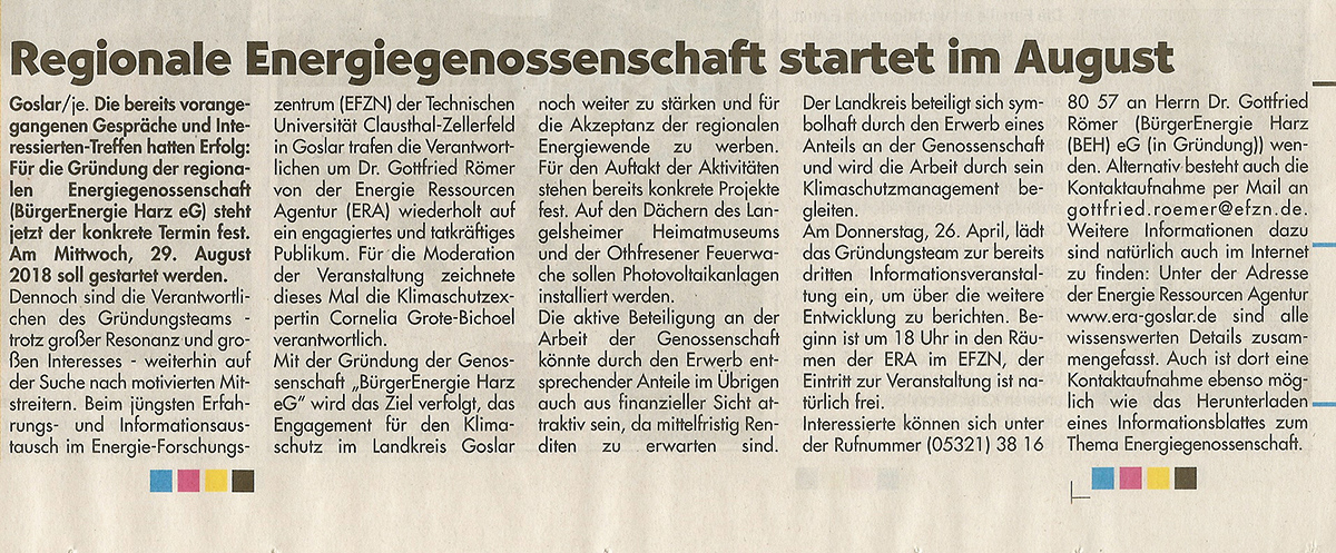 Pressebericht im Harzer Panorama vom 18. März 2018