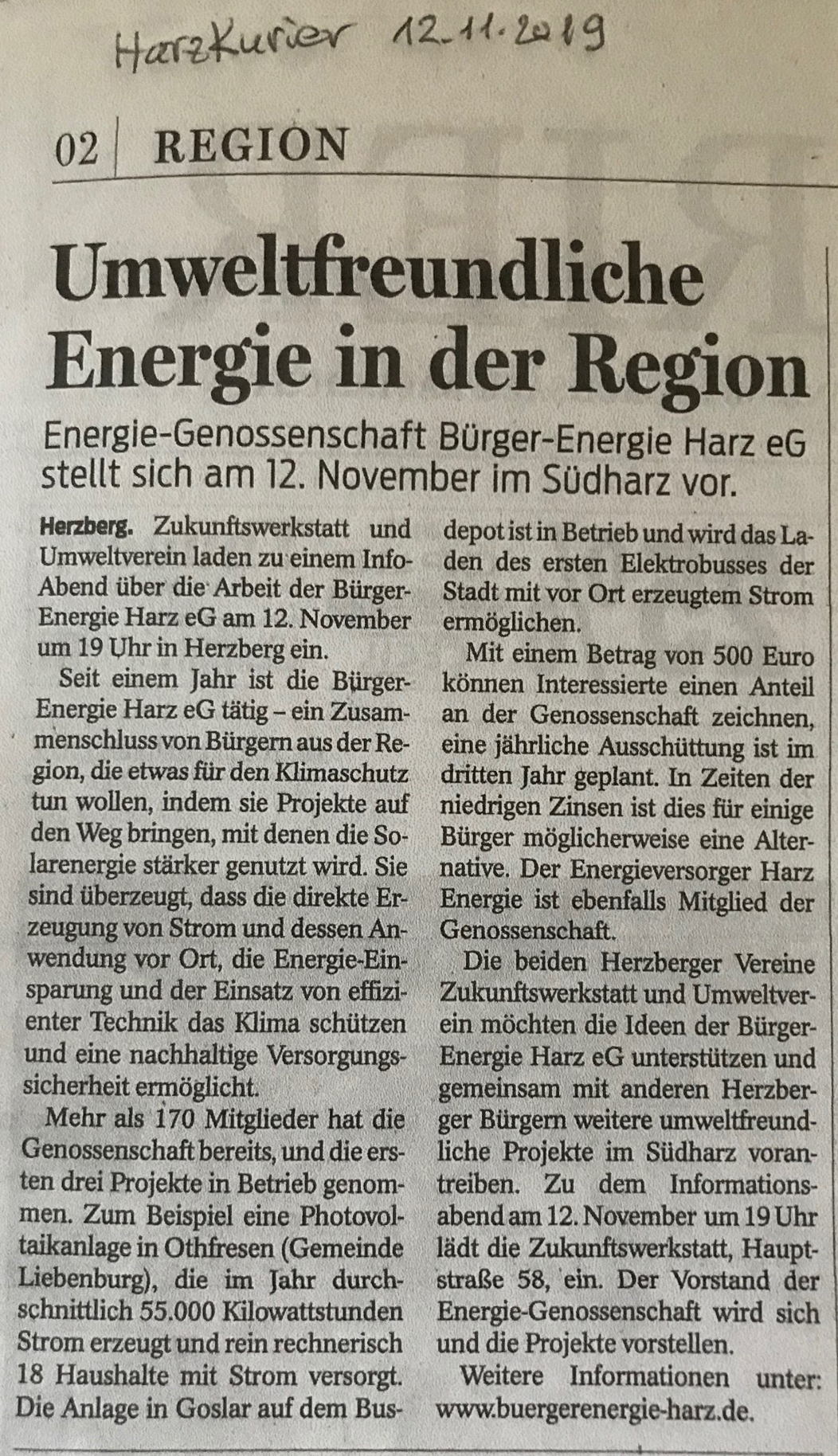 Veranstaltungsankündigung im Harzkurier 12.11.2019