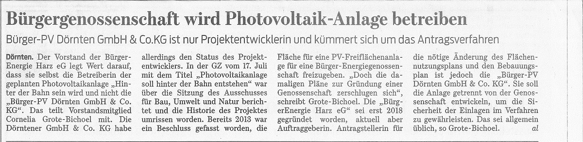 Bürgergenossenschaft wird Photovoltaik-Anlage in Dörnten betreiben